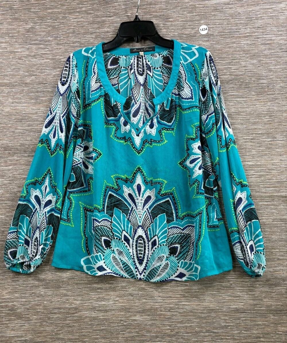 Rose + Olive Shirt Blouse Boat Neck Womens Size L Black Aqua Floral Geometric
